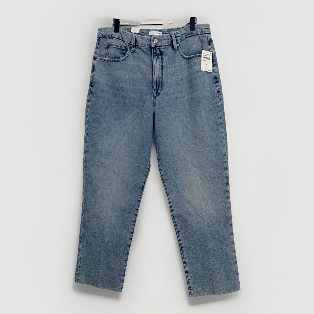 Good American Jeans Good Boy Straight‎ Crop Raw Hem High-rise Indigo766 Sz 12